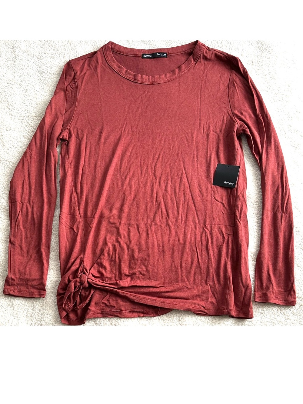5/$15💥 Femme Rust Knot-Trim Long Sleeve Tee Blouse